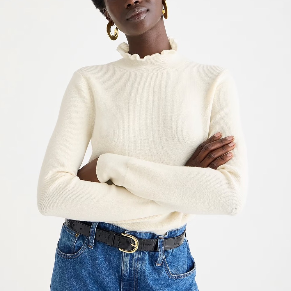 J. Crew Cream Ruffle Neck Merino Wool Turtleneck Sweater